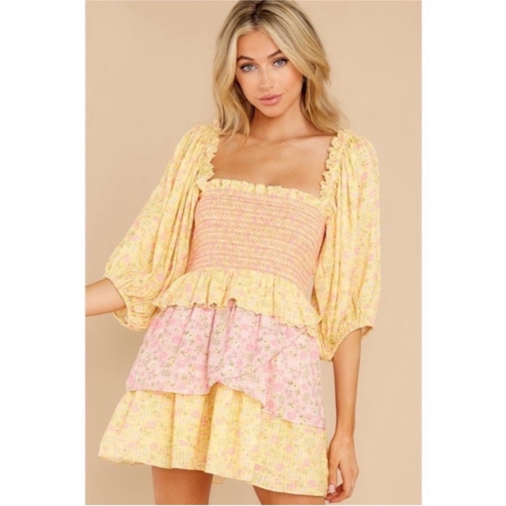 LoveShackFancy Yellow and Pink Ruffled Dress- Size XS